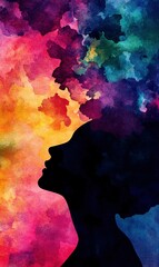 Woman silhouette with colorful abstract hair, representing imagination and creativity