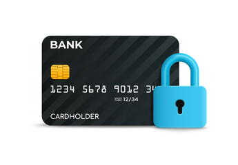 Personal finance security. Technology to protect data and funds on a bank account from hacking and theft. Black realistic credit or debit bank card and lock, vector illustration.