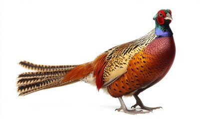 Handsome Male Pheasant: A Stunning Young Bird in Autumn Colors, Posed Gracefully Against a White Studio Background