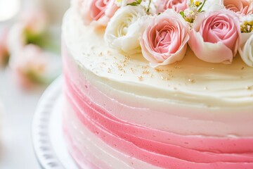 A detailed close-up of a pink ombre cake decorated with fresh roses and golden sprinkles, perfect for weddings, birthdays, and celebrations.
