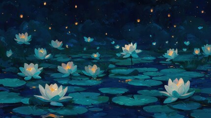 A serene pond illuminated by glowing water lilies under a night sky, creating a tranquil and enchanting atmosphere.