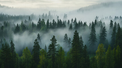 Mystical Morning Mist: Dense Green Forest Landscape with Tall Pine and Spruce Trees in Tranquil Woodland Area