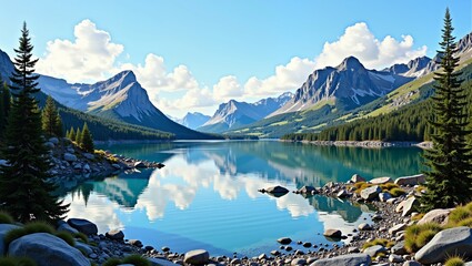 Scenic view of Swedish Arctic Fjord with lush greenery, towering mountains, and pristine waters reflecting sky. Concept captures tranquil beauty of Swedish Arctic Fjord in nature