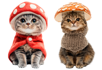 Adorable kittens dressed as mushrooms, featuring a red toadstool costume and a brown mushroom cap with cozy outfits, isolated on a transparent background. Perfect for whimsical designs, fantasy themes