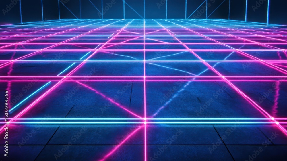Poster neon grid pattern illuminating a dark space, creating a futuristic atmosphere with vibrant colors