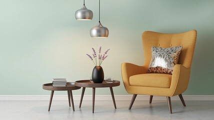 Interior of Living Room with Armchair, Table, Vase, and Modern Lighting