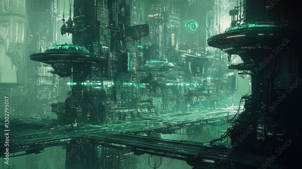 Poster futuristic cityscape featuring towering structures with glowing elements and intricate details