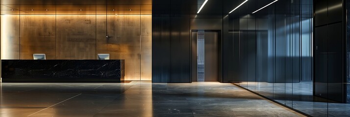 Obraz premium Modern lobby interior with a reception desk and illuminated wall panel in dark tones. Elegant and contemporary corporate or office space.