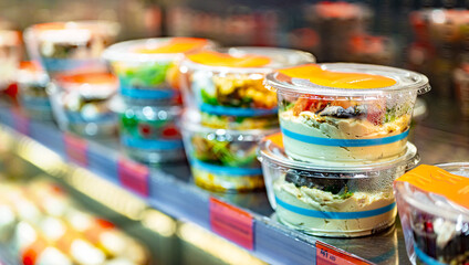 Pre-packaged meals displayed in a commercial refrigerator