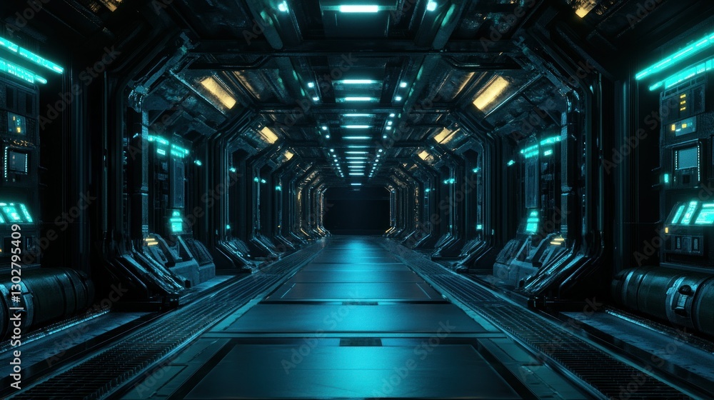 Poster futuristic corridor with illuminated panels and machinery, creating a sci-fi ambiance in a dark sett