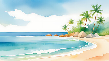 Fototapeta premium Watercolor Tropical Beach Scene with Palm Trees, Sand, and Ocean Waves