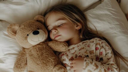 A little girl sleeping in bed soundly with her teddy bear while wearing a blanket, hugging it tightly and looking peaceful while in dreamland with a white background of her room