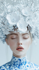 a beautiful girl wearing a wreath of porcelain flowers and a shirt with toile de jouy pattern