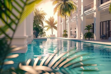High Resolution of Luxury Tropical Hotel Exterior with Pool and Palm Shadow