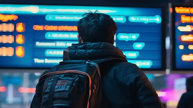 A traveler with a backpack observes departure information on a digital display at an airport at night