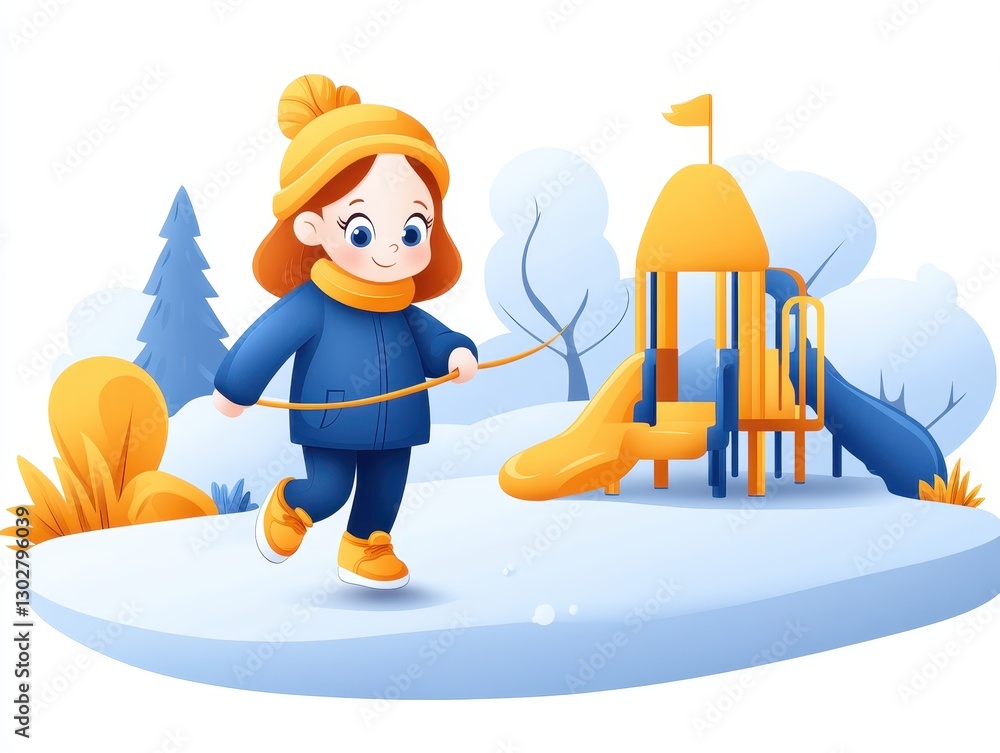 Poster cheerful child playing with a rope in a snowy playground setting