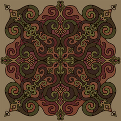 Vector illustration of a symmetrical ethnic composition with traditional nomadic ornaments