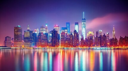 Fototapeta premium Vibrant cityscape skyline at night with reflections over the water, showcasing an urban environment
