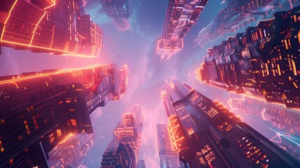 Obraz premium Low-angle shot of glowing futuristic towers stretching into the sky under a vibrant twilight, cinematic sci-fi wonder