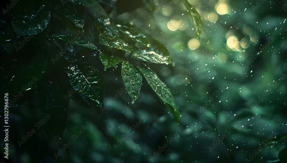 Poster close-up of glowing rain-drenched leaves in a dense forest illuminated by soft light, cinematic intr