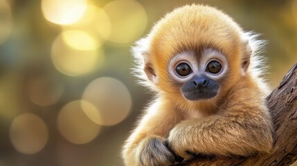 Fototapeta premium Cute Baby Monkey Sitting on Tree Branch with Blurred Background