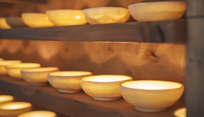 Close-up of glowing ceramic bowls arranged on a handcrafted wooden shelf, cinematic cultural elegance