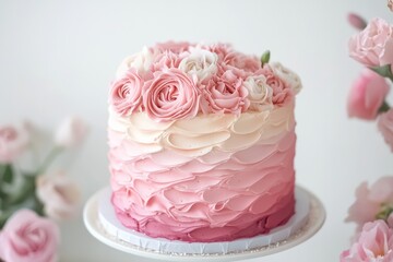 Naklejka premium Beautiful pink ombre cake decorated with handcrafted buttercream roses, featuring elegant petal textures, placed on a cake stand with soft floral surroundings.
