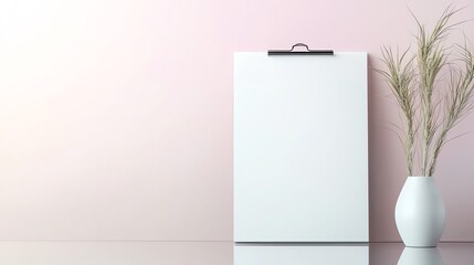 Minimalist workspace with blank clipboard and vase on reflective surface against pastel wall.
