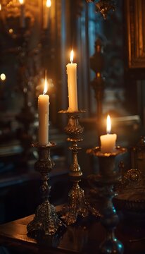 Eye-level shot of glowing candles lighting a dim room with antique decor, cinematic nostalgic warmth