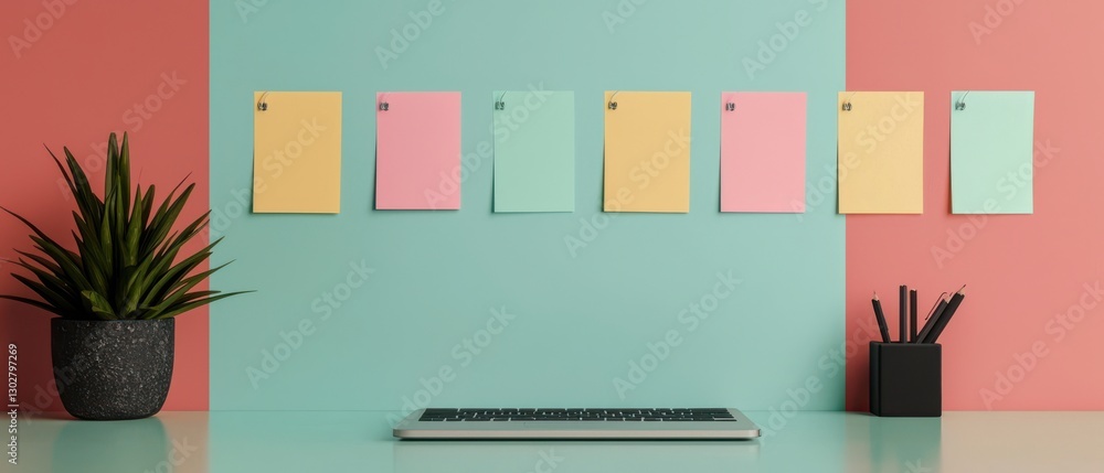 Poster sticky note infographics concept. minimalist project management workflow infographic with sticky not