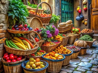 Fototapeta premium Vibrant Colorful Baskets Overflowing with Fresh Food in Urban Setting