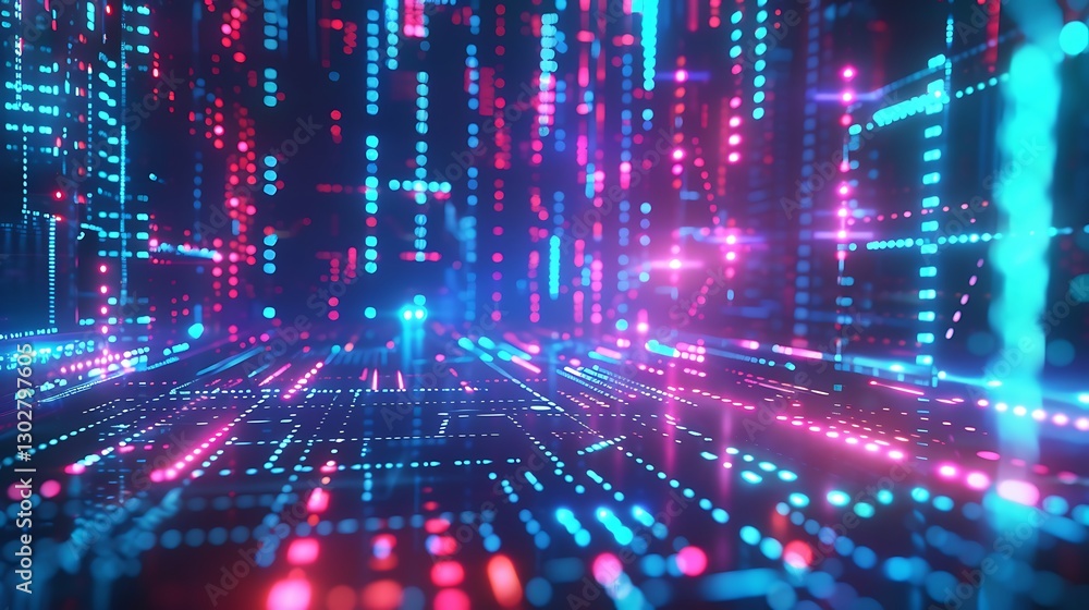 Poster abstract digital matrix with glowing pink and blue lines and dots. futuristic data network and high-