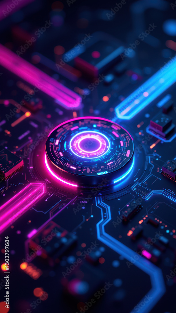 Poster a vibrant digital illustration of a complex network resembling a data center or tech infrastructure,