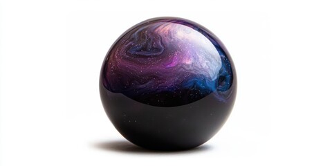 Cosmic Sphere Nebula Galaxy in Orb with Purple Swirls and Dark Ground Against White Backdrop Studio Lighting