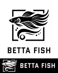 A sleek black and white vector illustration of a Betta fish with flowing fins, designed in a modern and artistic style