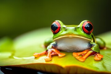 Obraz premium Colorful Red-Eyed Tree Frog Resting on a Leaf in Nature Setting