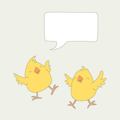 Joyful Yellow Chicks with Speech Bubble, Vector Greeting Illustration. Joyful yellow chicks with a blank speech bubble, perfect for greeting cards, invitations, or customizable messages