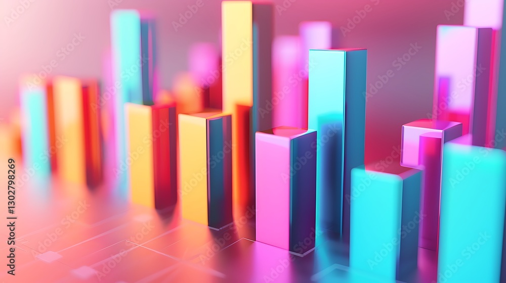 Poster colorful 3d bar graph with vibrant pink, blue, and yellow columns. abstract data visualization with 
