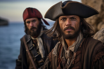 Obraz premium Man Pirate. Explore the High Seas, Pirate Flag, and Buccaneer Spirit on a Mysterious Island with Gold, Swords, and Swashbuckling Fun