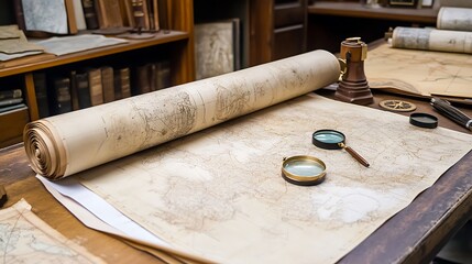 Antique Maps and Tools on Wooden Desk