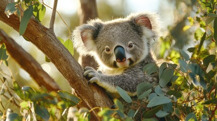 Fototapeta premium Cute koala resting on tree branch surrounded by lush green leaves