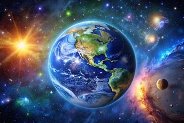 Obraz premium Vibrant Galaxy Nebula & Earth: Stunning Space Stock Photo