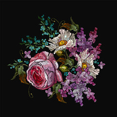 Pink roses, white chamomile and blossoming lilac flowers bouquet. Fashion template for clothes, textiles, t-shirt design. Spring art