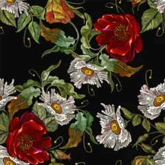 Red roses and white chamomile flowers. Seamless pattern. Fashion spring floral template for clothes, t-shirt design. Embroidery art style © Matrioshka