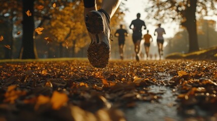 Runner's shoe impacts autumn leaves. Perfect for blogs about fitness, fall, or running.