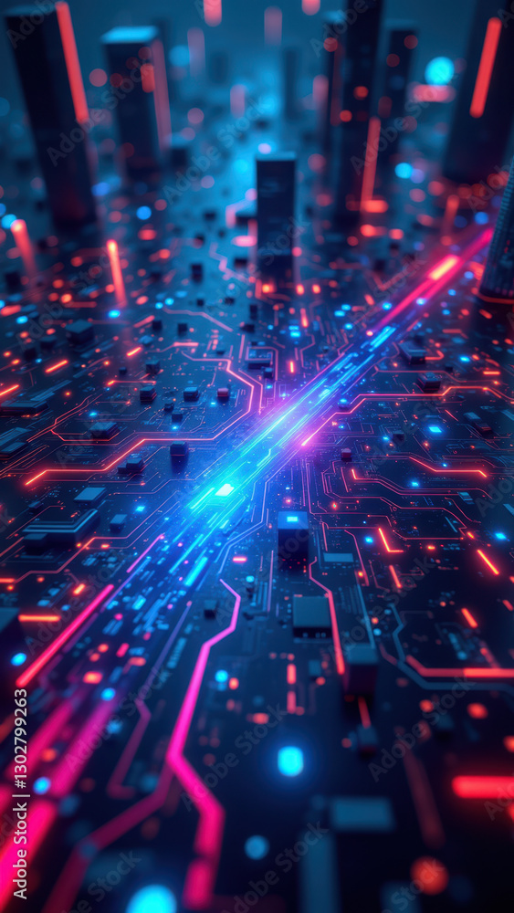 Poster a futuristic digital cityscape with neon lights and cybernetic architecture, representing concepts l
