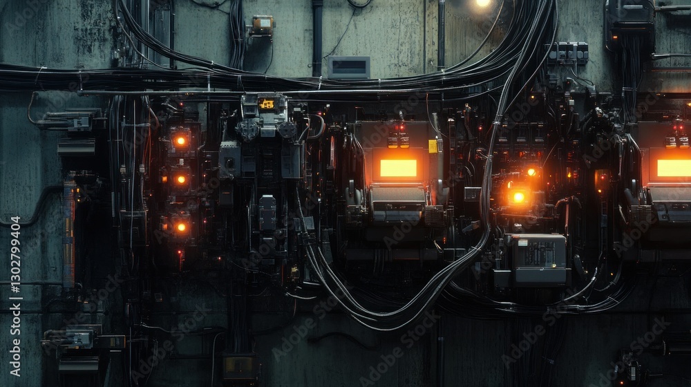 Poster futuristic control panel with glowing lights and intricate wiring in a dimly lit environment