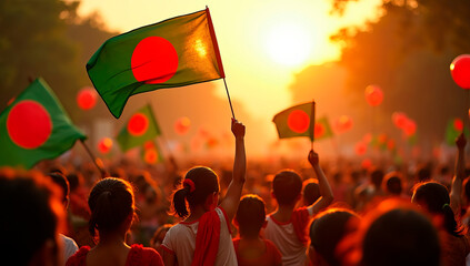 A vibrant scene of the Independence Day celebrations in Bangladesh. The sky is filled with green and red balloons, and children are holding the national flag