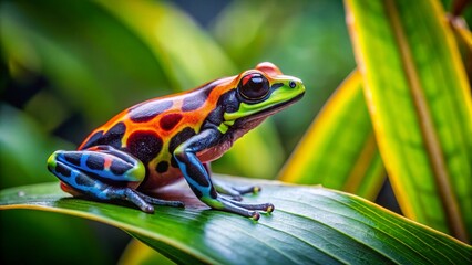 Vibrant Harlequin Poison Dart Frog on Tropical Leaf - Stock Photo