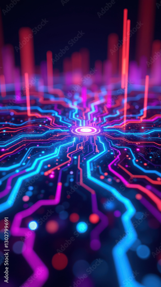 Poster ci/cd, docker, kubernetes, devops theme digital artwork with glowing circuits and vibrant colors.
